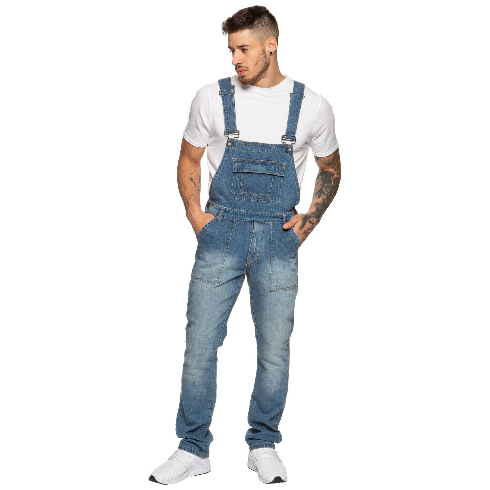 (Blue, 40R) Enzo Jeans Mens Dungarees Denim Overalls Big King