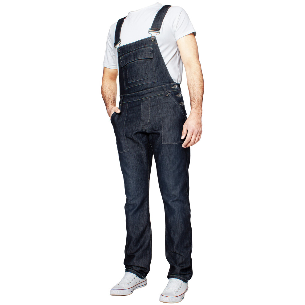 (Dark Blue, 32R) Enzo Jeans Mens Dungarees Denim Overalls Big King