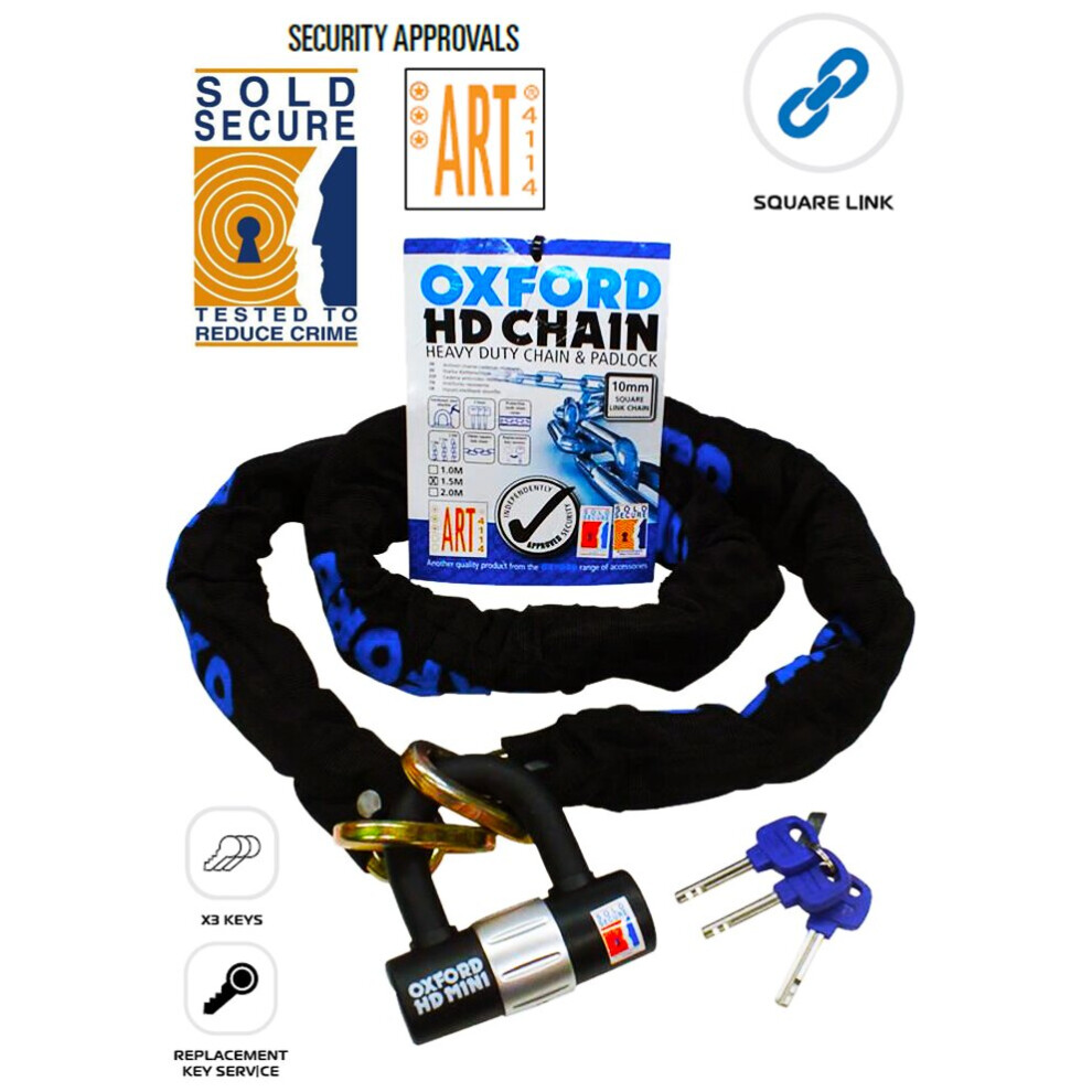 Oxford Hd 1.5M Chain & Padlock Disc Lock (2-In-1) For Motorcycles - 10Mm Hardened Chain, 3 Keys, Of159, Sold Secure Silver 5030009001598