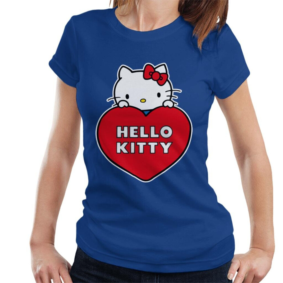 (Large, Royal Blue) Hello Kitty Peeking Above Love Heart Women's T-Shirt