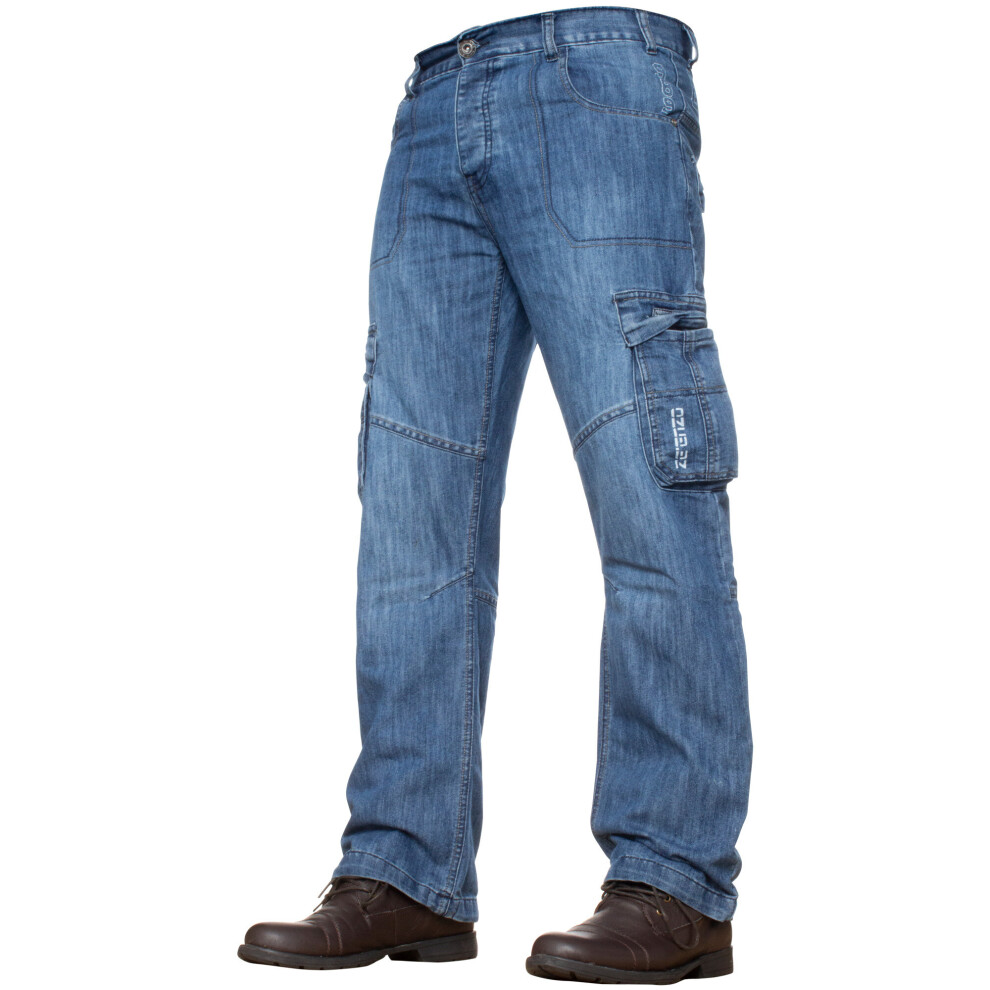 (Blue, 36W / 30L) Enzo Mens Cargo Jeans Trousers Casual Work Denim