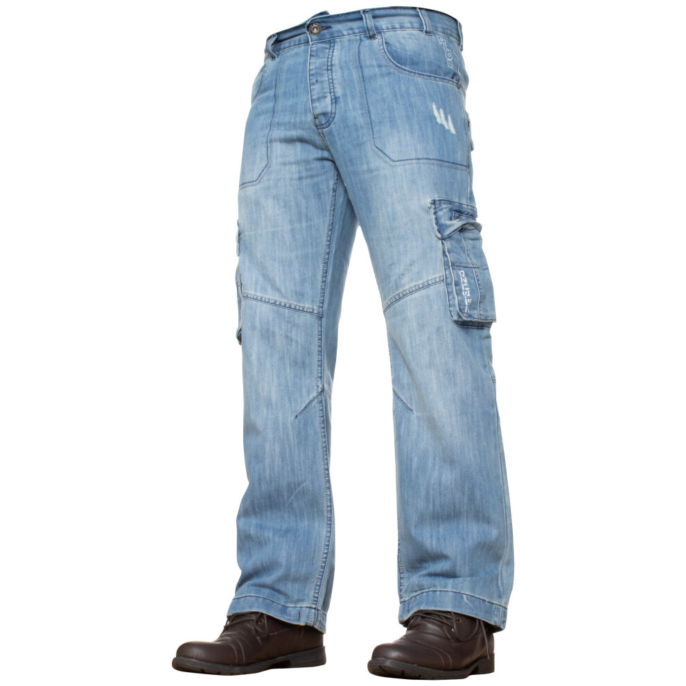 (Light Blue, 40W / 32L) Enzo Mens Cargo Jeans Trousers Casual Work Denim