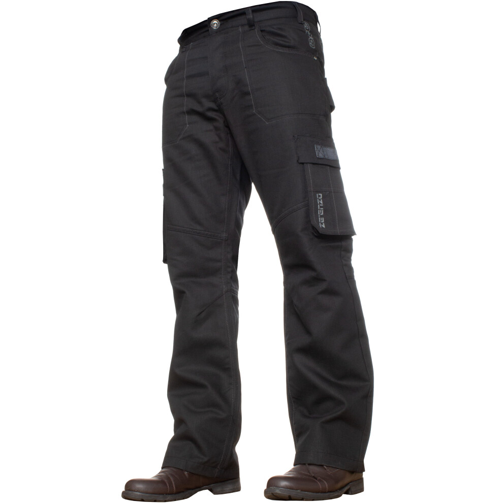 (Black, 34W / 30L) Enzo Mens Cargo Jeans Trousers Casual Work Denim