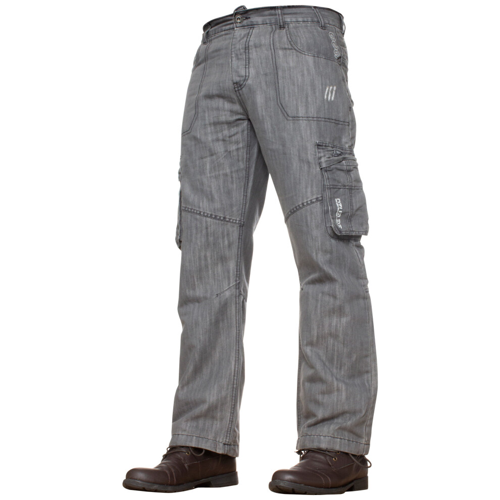 (Grey, 32W / 30L) Enzo Mens Cargo Jeans Trousers Casual Work Denim