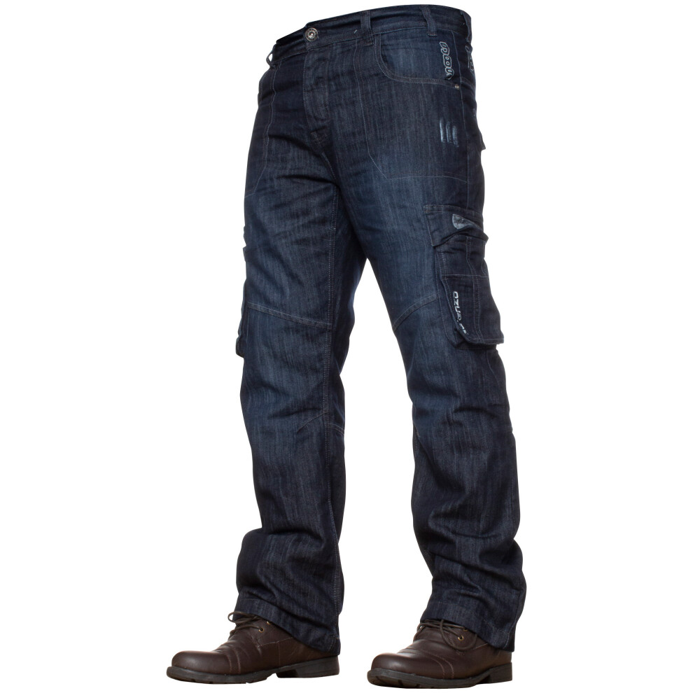 Ze Enzo (Dark Blue, 34W / 30L) Enzo Mens Cargo Jeans Trousers Casual Work Denim