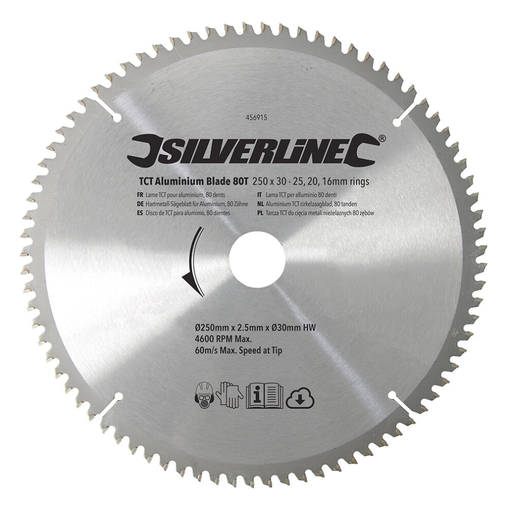 Silverline TCT Aluminium Blade 80T  ( 250 x 30 - 25, 20, 16mm Rings ) ( UK )