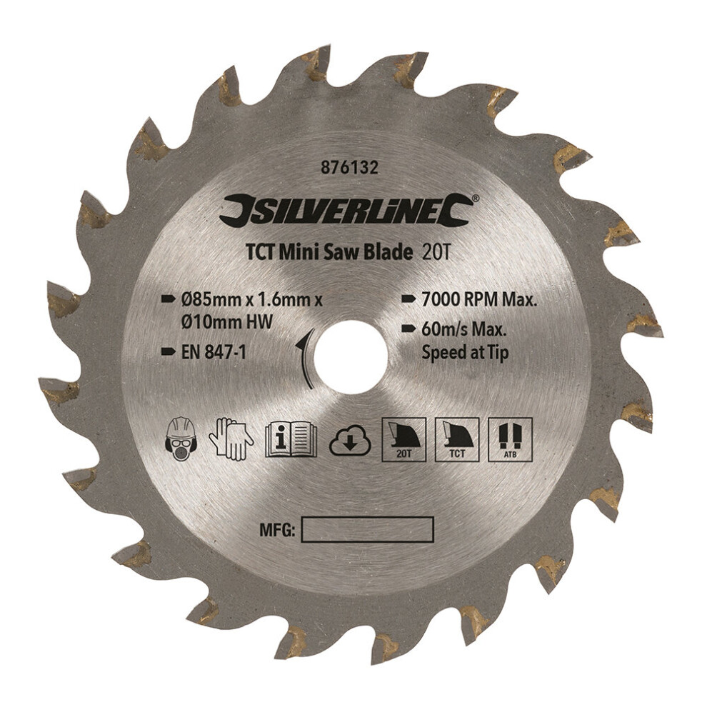 Silverline TCT Mini Saw Blade  ( 85mm Dia - 10mm Bore - 20T ) ( UK )