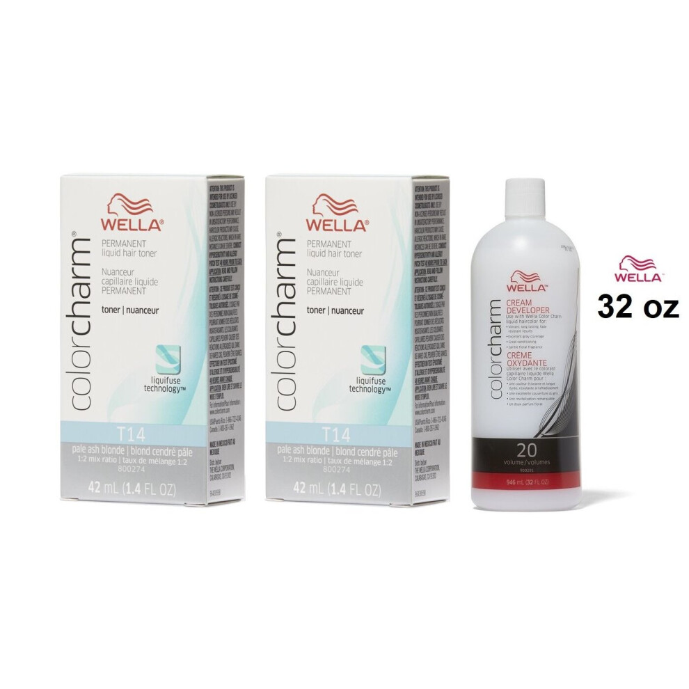 Wella (T14 + T14 + Developer (Vol.20) 32Oz) Permanent Hair Colour T14 Pale Ash Blonde
