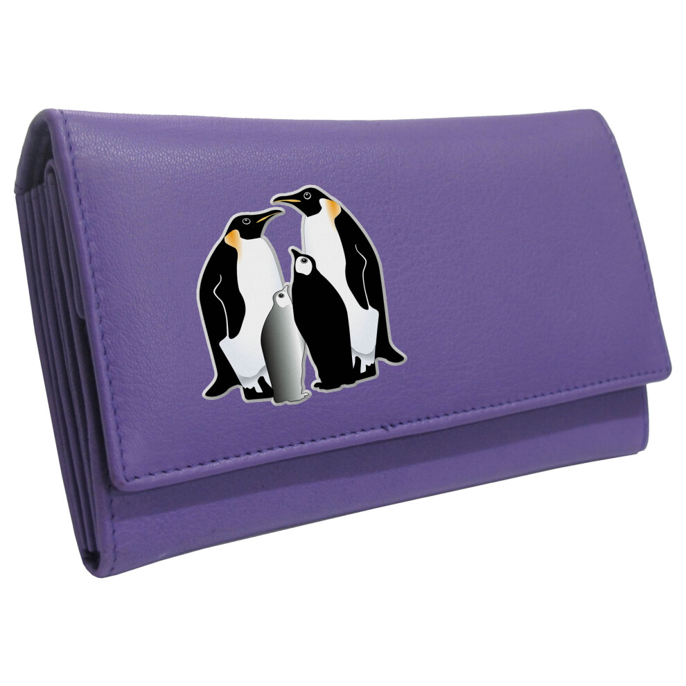 (Purple) Penguin Womans Purse Family group KLASSEK Brand image on Real Animal Leather Huddle of Pengiuns accessory gift