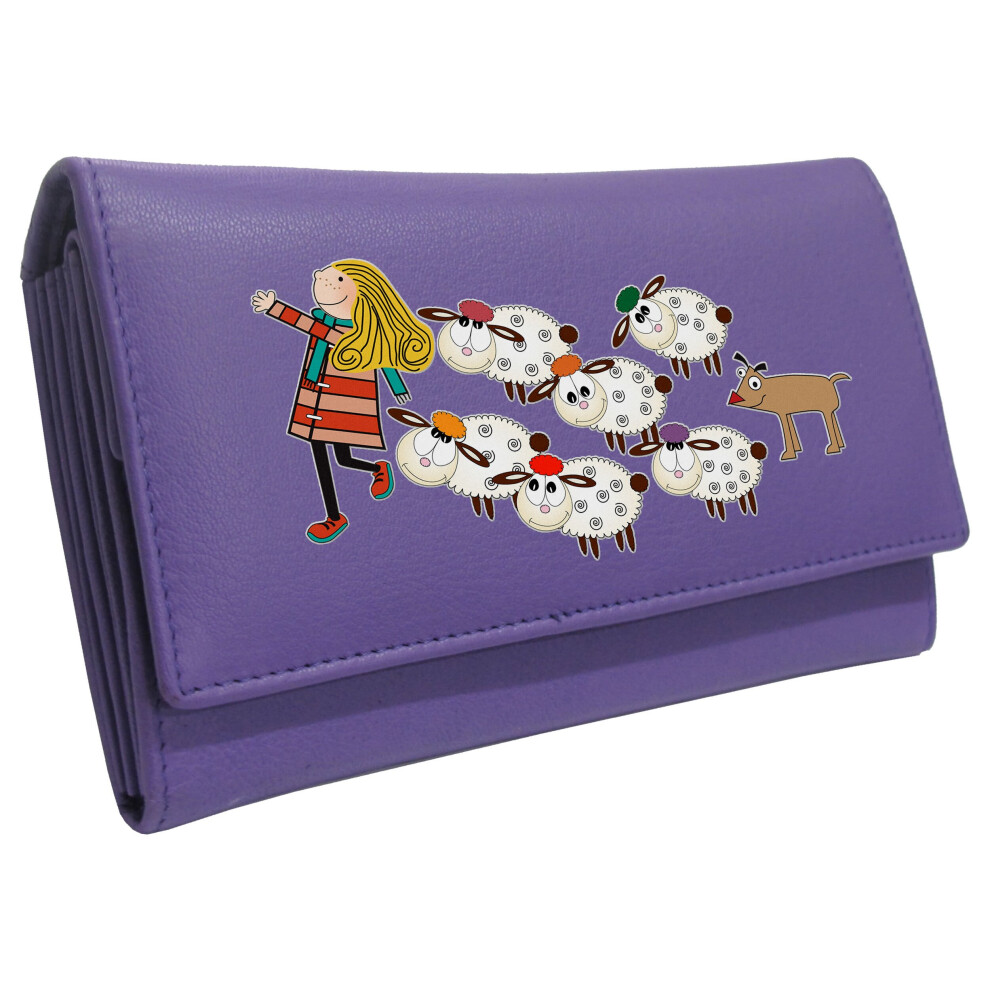 (Purple) Girl With Sheep Womans Purse Flock KLASSEK Brand image on Real Animal Leather Sheepdog Lovers accessory gift