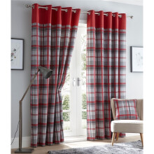 Orleans 66" X 90" Red Grey Slate Tartan Check Eyelet Ready Made Curtains