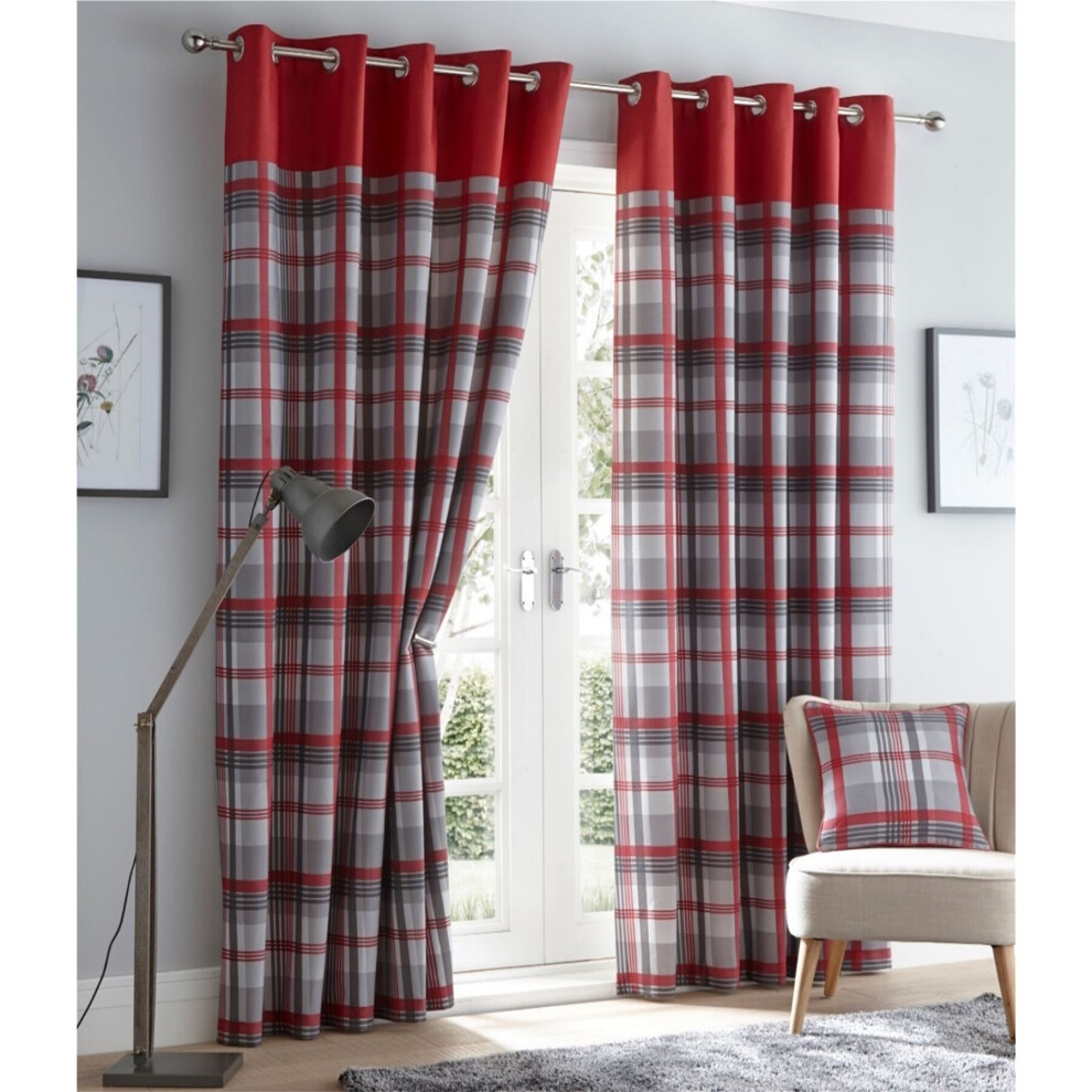 Orleans 66" X 90" Red Grey Slate Tartan Check Eyelet Ready Made Curtains