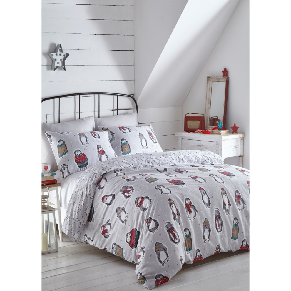 Portfolio Snowy Penguins Single Duvet Cover Set Bedding Reversible Stars Festive