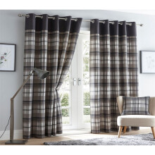 Tartan Checked Grey Eyelet Curtains Fully Lined Ready Made Ring Top 66 x 90"
