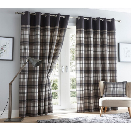 Tartan Checked Grey Eyelet Curtains Fully Lined Ready Made Ring Top 66 x 90"