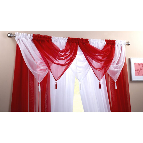 Alan Symonds Plain Voile Curtain Swag Panel Red Tasseled