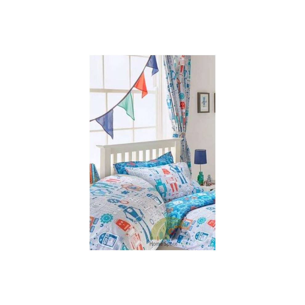 Robots Boys Pencil Pleat Curtains & Matching Tiebacks 66 x 72 Fully Lined Ready Made Kids Blue-image-OPC-P68Z89Q-NEW