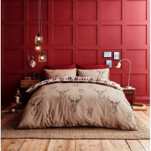 Catherine Lansfield Stag Beige King Duvet Cover Set – Reversible Deer Print with Red Tartan Back
