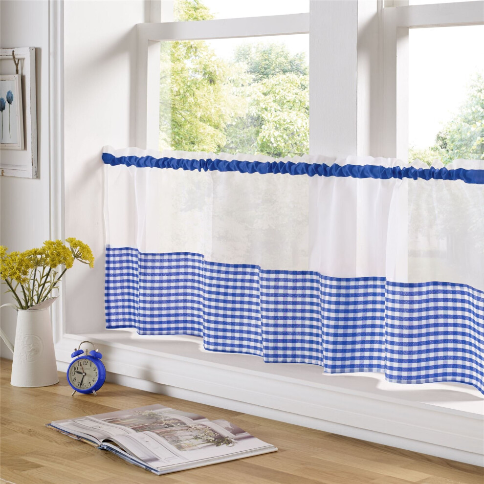 Gingham Ready Made Slot Top Voile Cafe Curtain Panel (59" x 18", Blue)-image-OPC-P68Z8PP-NEW