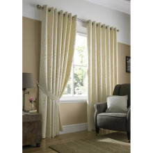 Tivoli, Cream Lined Curtains, Trailing Leave Floral Jacquard Design, Ready Made Eyelet Curtain Pairs, 66" x 72"