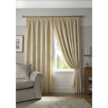 Tivoli, Cream Lined Curtains, Trailing Leave Floral Jacquard Design, Ready Made Pencil Pleat Curtain Pairs, 66" x 72"