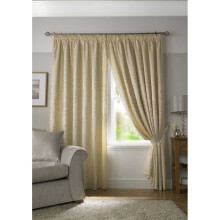 Tivoli, Cream Lined Curtains, Trailing Leave Floral Jacquard Design, Ready Made Pencil Pleat Curtain Pairs, 90" x 90"