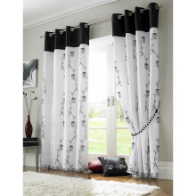 Tahiti Eyelet Curtains - Embroidered Lined Voile in Black & White, 56x54in