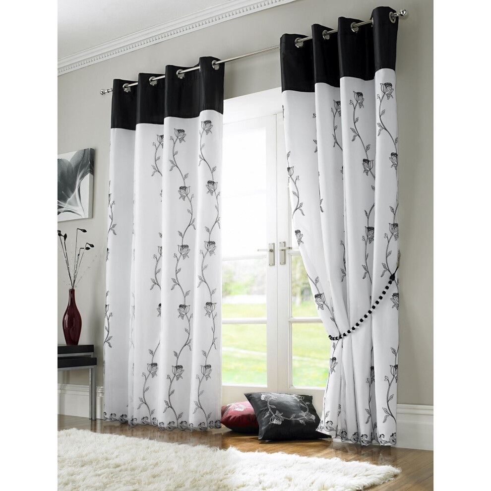 Tahiti Eyelet Curtains Embroidered Lined Voile Black/White 56x54