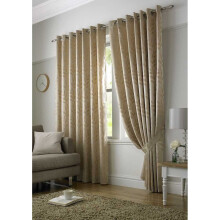 Tivoli, Latte Lined Curtains, Trailing Leave Floral Jacquard Design, Ready Made Eyelet Curtain Pairs, 66" x 72"