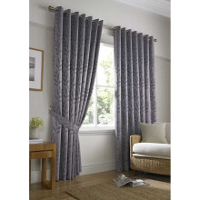Tivoli, Silver Lined Curtains, Trailing Leave Floral Jacquard Design, Ready Made Eyelet Curtain Pairs, 66" x 90"