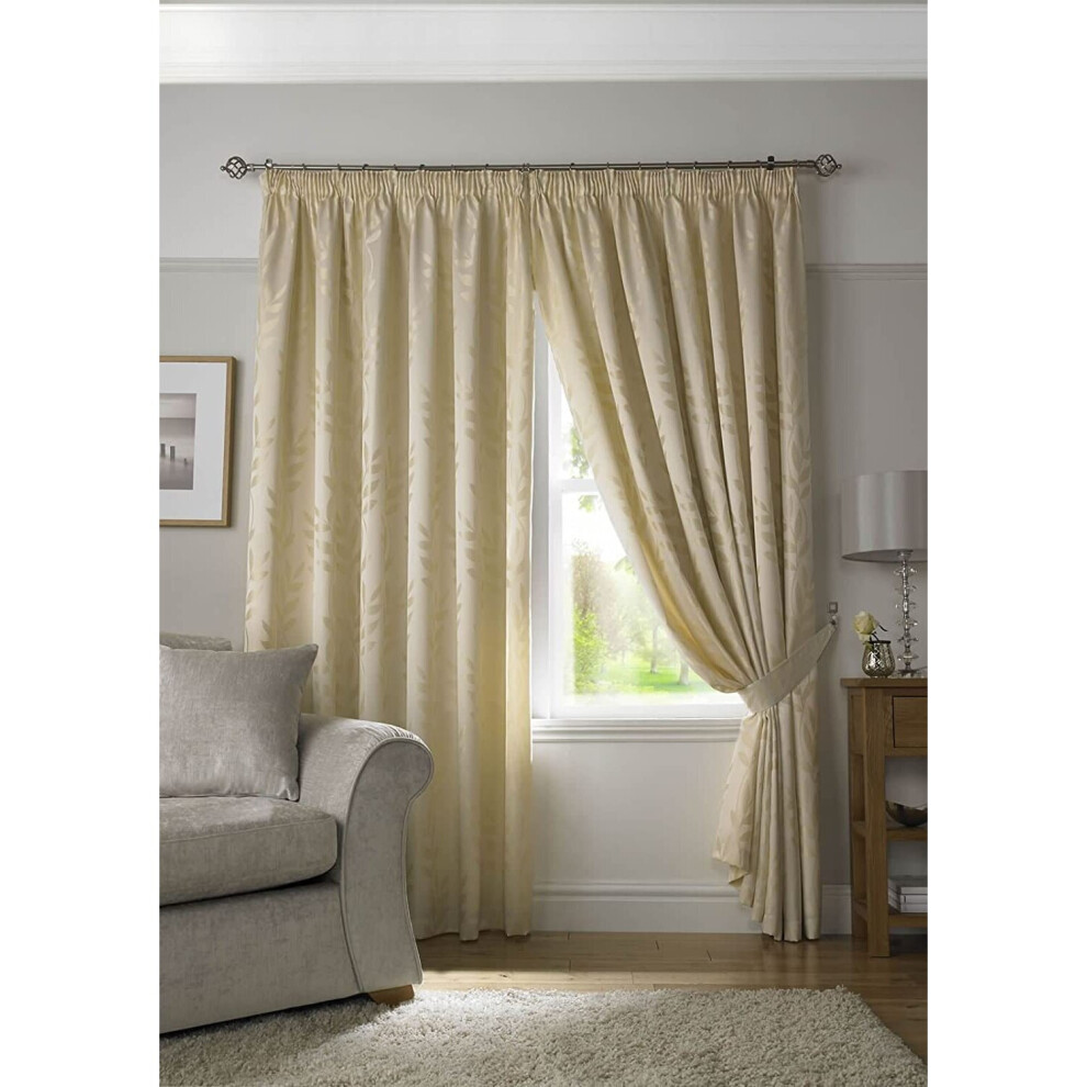 Tivoli, Cream Lined Curtains, Trailing Leave Floral Jacquard Design, Ready Made Pencil Pleat Curtain Pairs, 66" x 90
