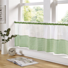 Gingham Ready Made Slot Top Voile Cafe Curtain Panel (59" x 18", Green)