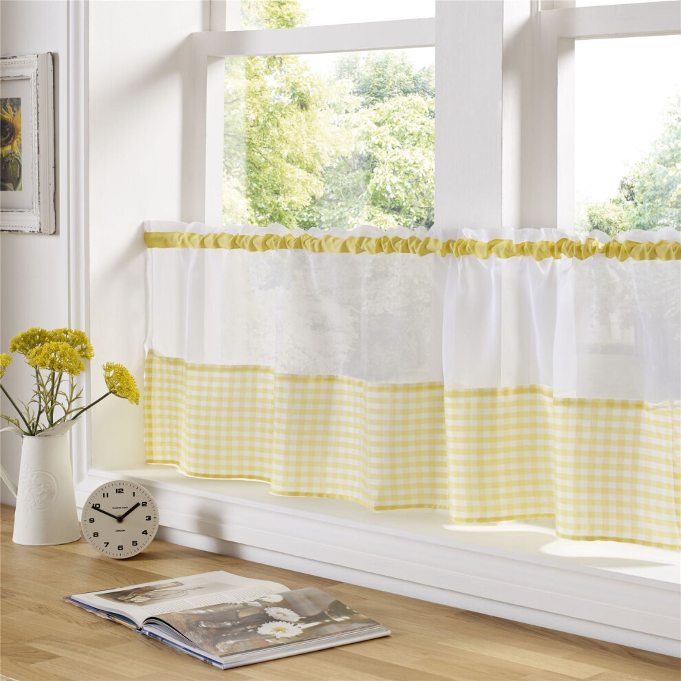 Gingham Ready Made Slot Top Voile Cafe Curtain Panel (59" x 18", Yellow)