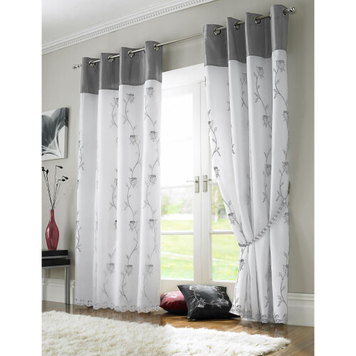 Tahiti Eyelet Curtains Embroidered Lined Voile Silver 56x54"