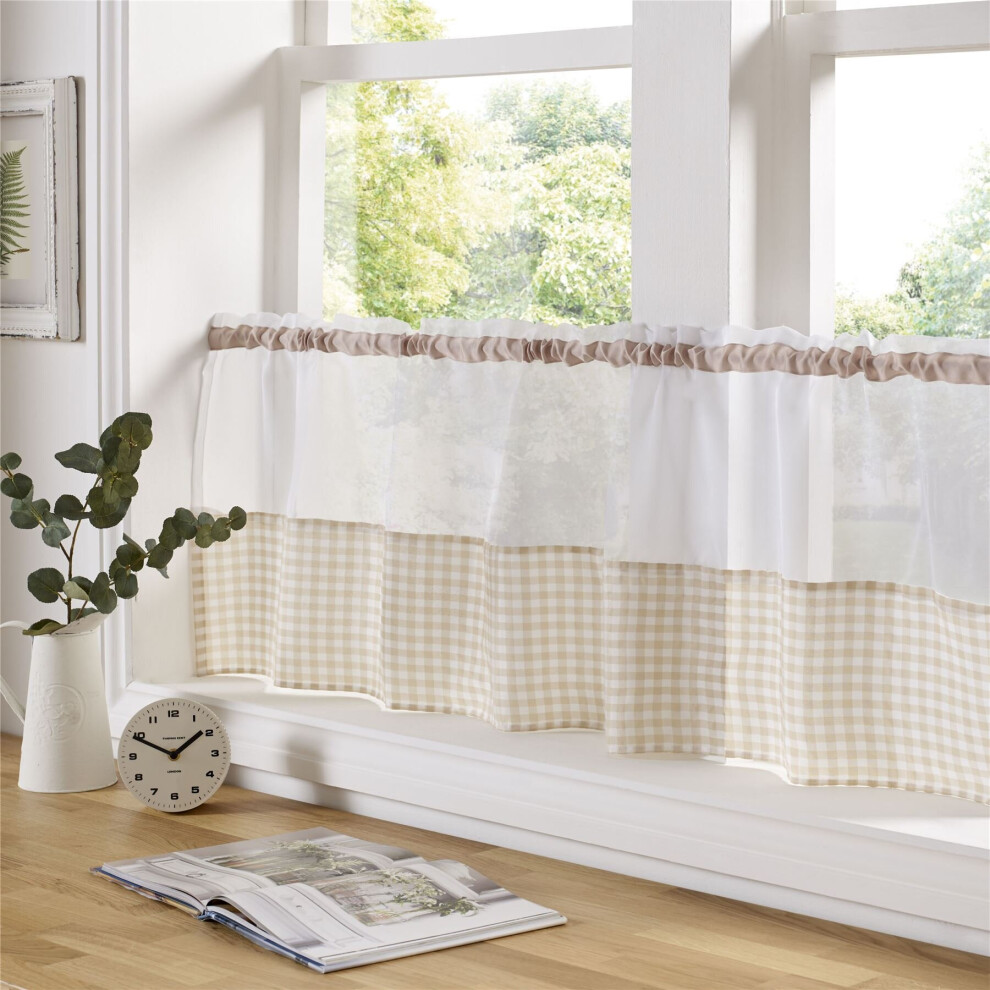 Gingham Ready Made Slot Top Voile Cafe Curtain Panel (59" x 24", Beige)