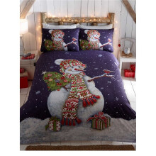 Christmas Happy Snowman Double Duvet Cover Set Dark Blue Bedding Quilt