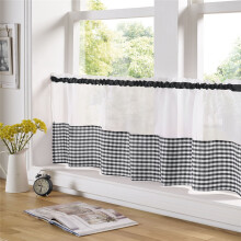Gingham Ready Made Slot Top Voile Cafe Curtain Panel (59" x 18", Black)