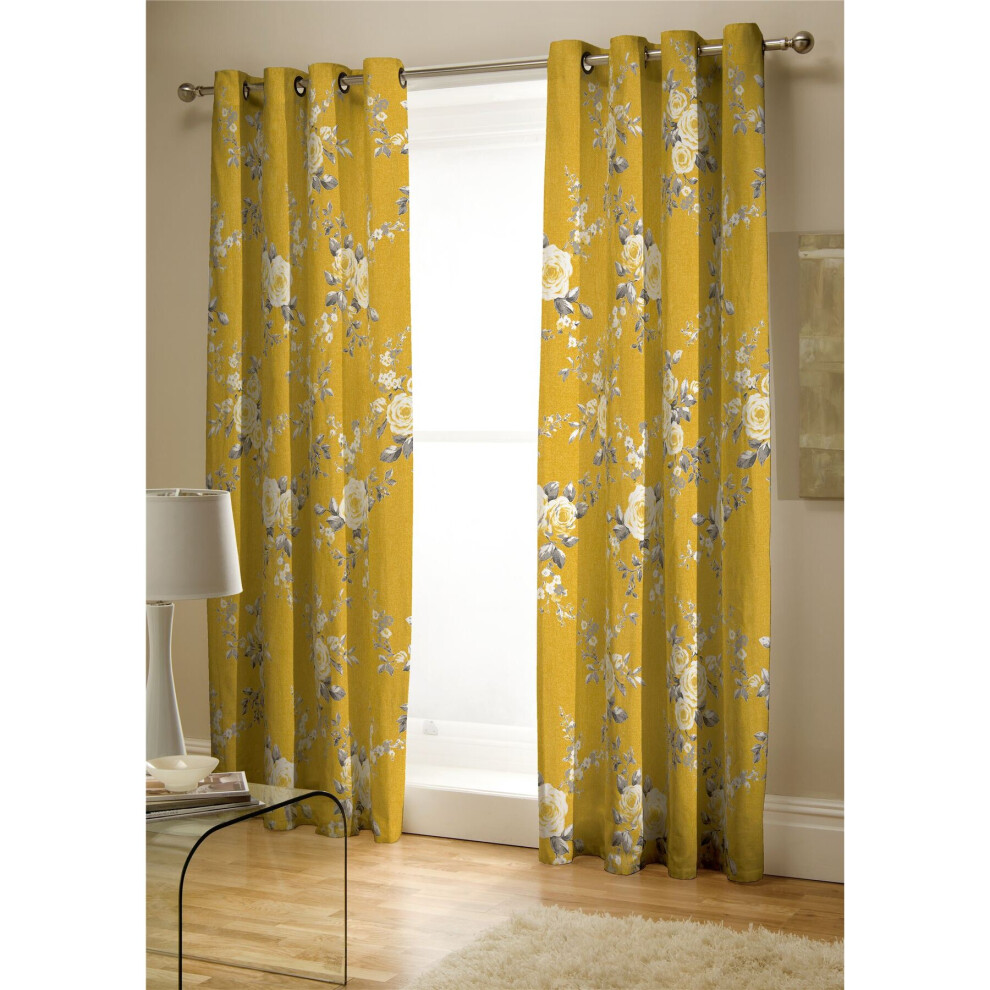 Rackhams Yellow Canterbury Floral Lined Eyelet Curtains - 66X72 Inch - Ochre - Image 4