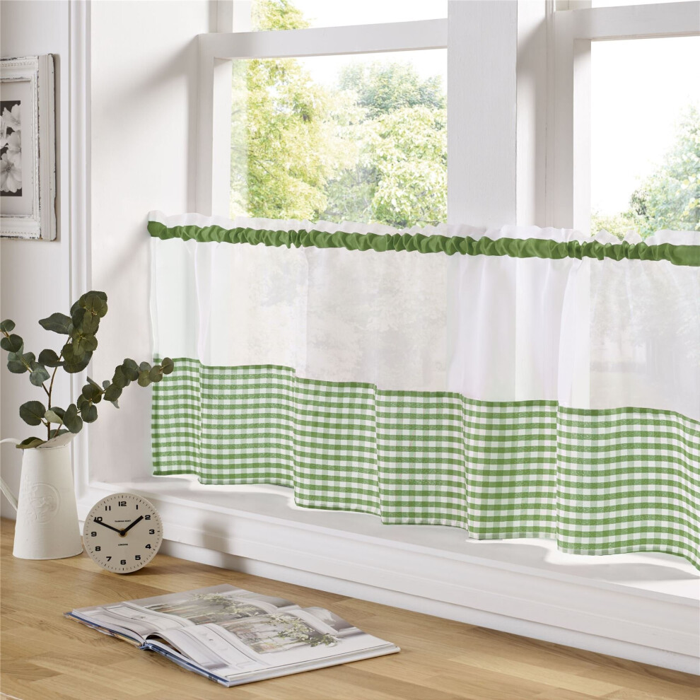 Gingham Ready Made Slot Top Voile Cafe Curtain Panel (59" x 24", Green)