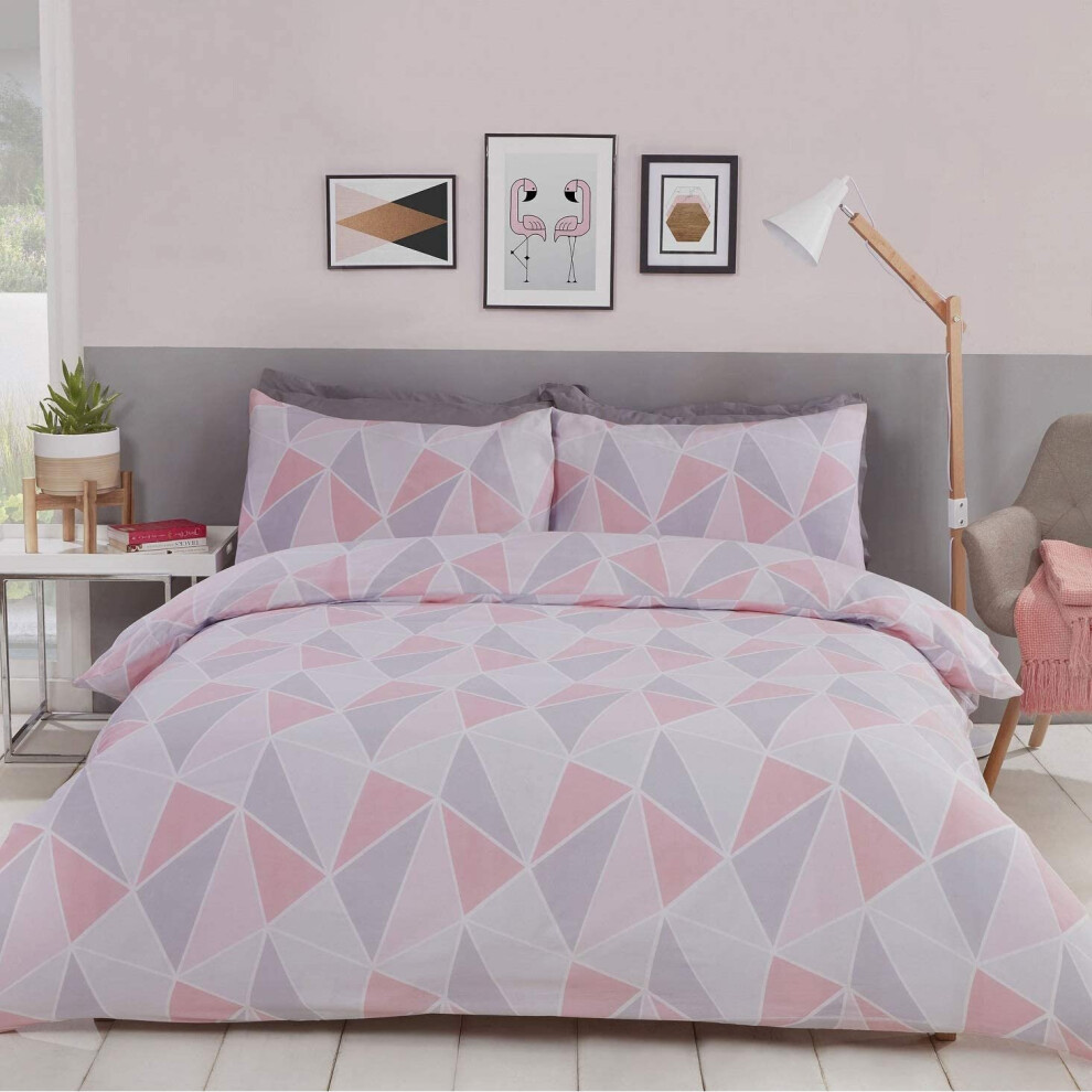 Leo Geometric Double Duvet Quilt Cover Bedding Set Pink/Grey