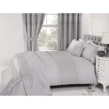 Floral Super King Quilt Duvet Cover & 2 Pillowcase Bed Set Embroidered Silver