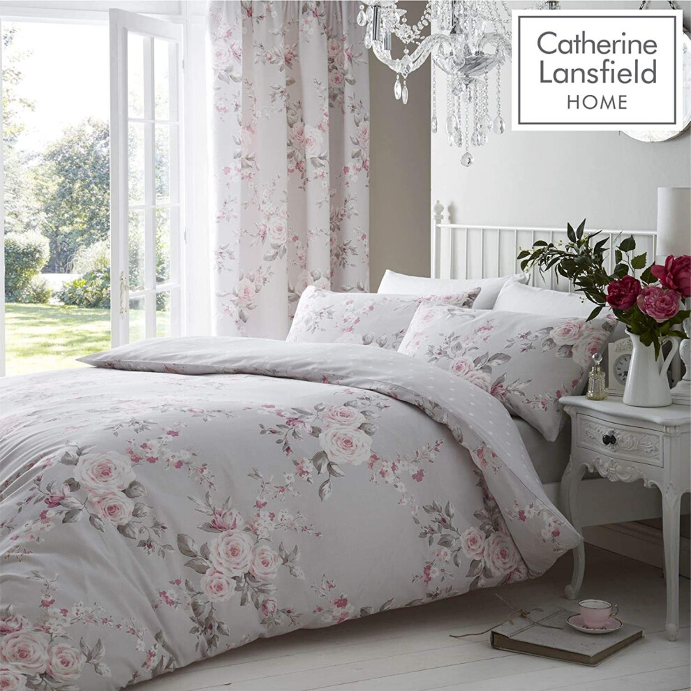 Catherine Lansfield Canterbury, Grey Rose Floral Double Duvet Cover Set