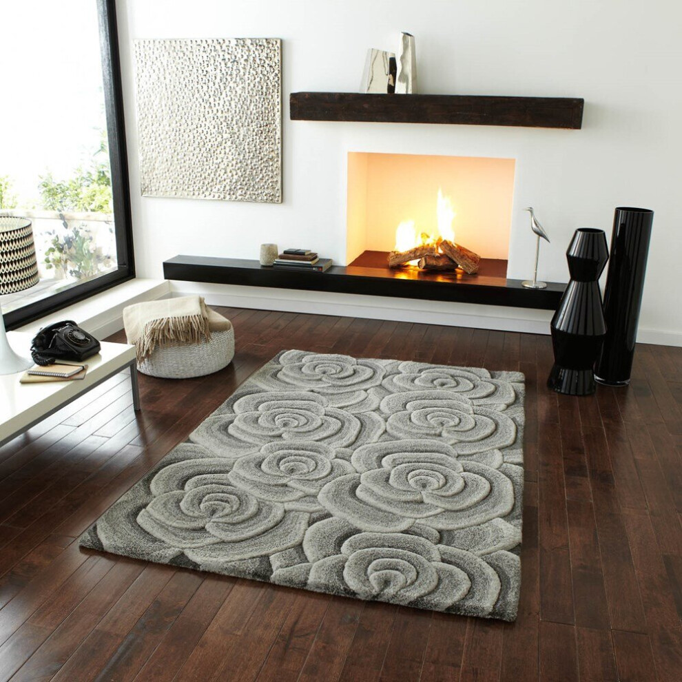 (150x230cm	) Valentine Rugs VL10 Hand Made Indian Wool in Light Grey 3D Effect Floral Soft Mats