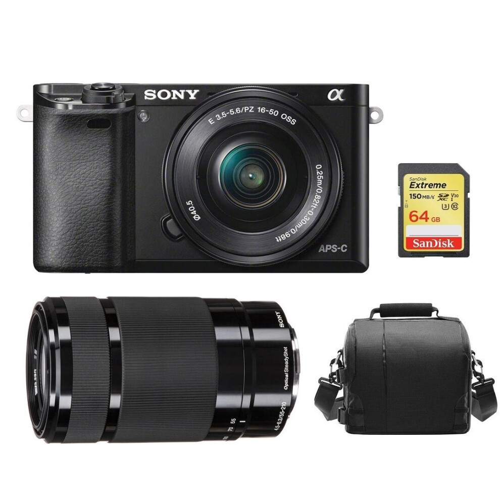 SONY A6000 Black SEL 16-50MM Black SEL 55-210MM Black+64GB SD card+Bag