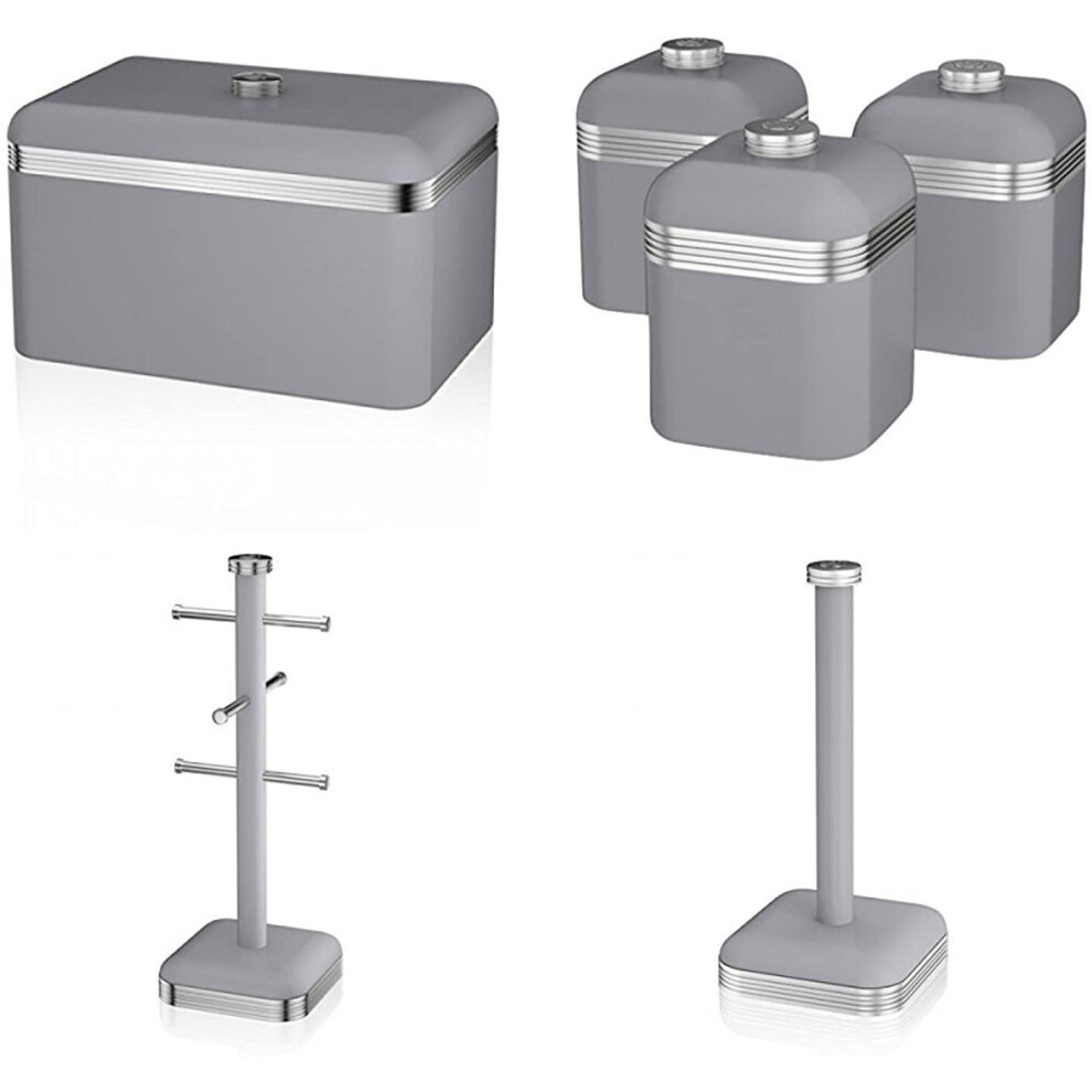 Swan Grey Retro Set Bread Bin 3 Canisters Towel Pole & 6 Mug Tree Set