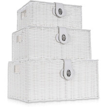 (White) 3 Resin Woven Wicker Hamper Basket Storage Box