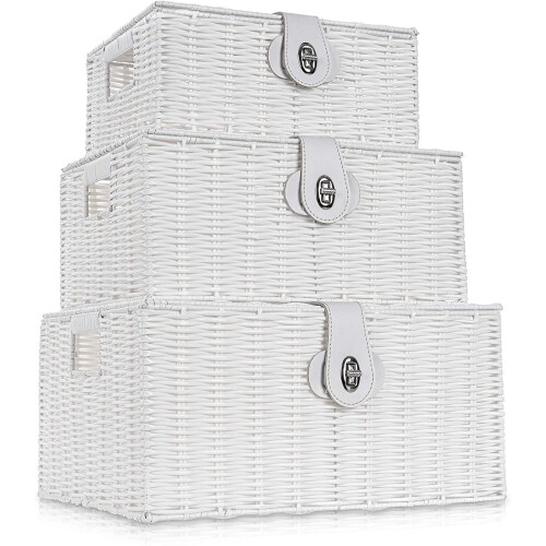 (White) 3 Resin Woven Wicker Hamper Basket Storage Box
