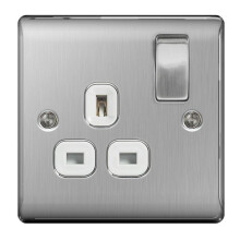 Nexus Brushed Steel Switched Socket 13a White Inset 1 Gang [NBS21W]