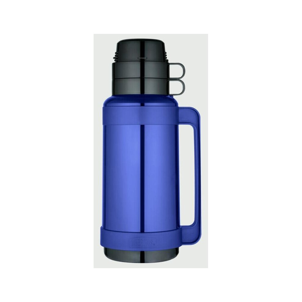 Thermos Mondial Flask 1L Blue (48022) | Glass Vacuum-Insulated, Twist Pour Stopper, Stash Top, Interlocking Cups