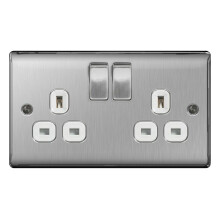 BG 13a 2 Gang Switch Socket Brushed Steel With White Inserts [NBS22W]